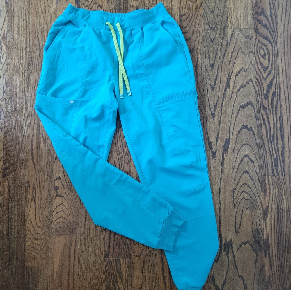 Fabletics Teal Jogger Scrub Bottom with Yellow Drawstring